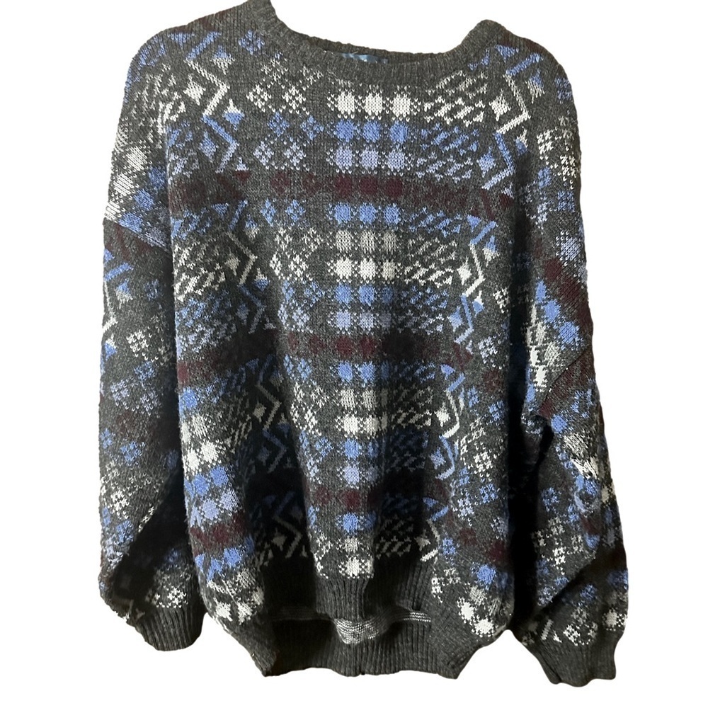A. Gold & Sons Grey Blue Maroon Geometric Crewneck Sweater Sz XL Oversized